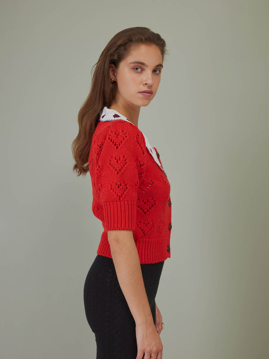 Heart On Your Sleeve Cardigan with Poplin Collar